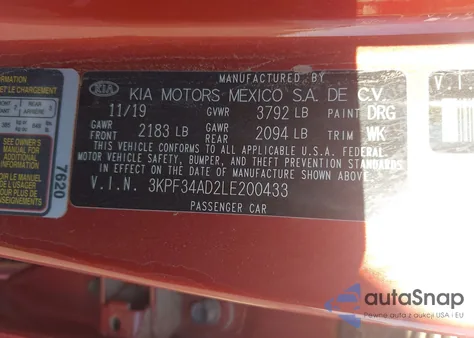 2020 Kia Forte Gt-Line z USA, uszkodzony, nr VIN 3KPF34AD2LE200433